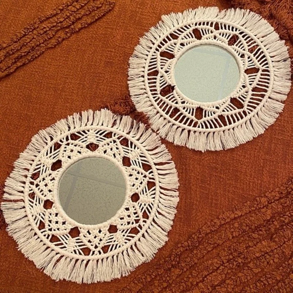 (2) Boho Hanging Wall Mirrors Macrame Fringe Wall Decor